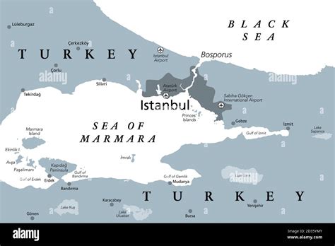 The Bosporus or Bosphorus, political map. The Strait of Istanbul, a ...