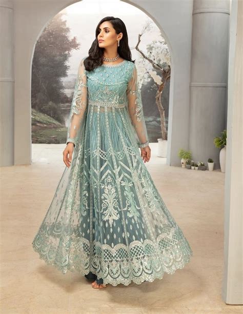 Trendy Pakistani Maxi Dress In Light Turquoise Color # C2073