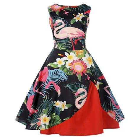 Flamingo Print Summer Vintage Dress Flower Natural Cotton Women Retro Dress Elegance Feminino ...