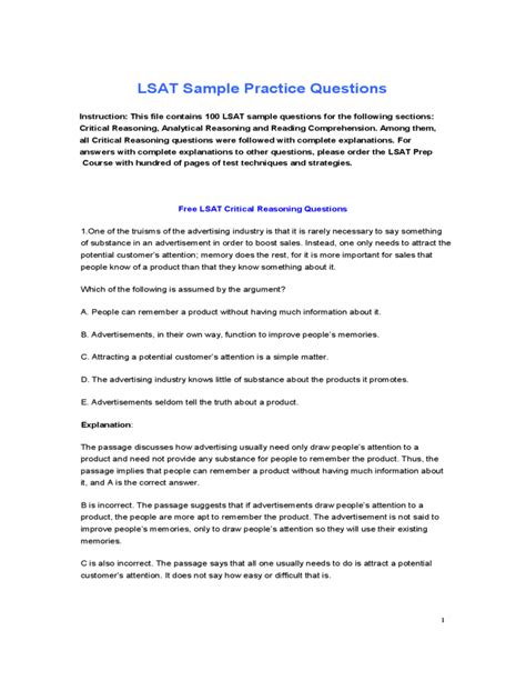 LSAT Sample Practice Questions Free Download