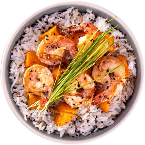 Garlic Shrimp with Sweet Potatoes and Coconut Rice - Innit