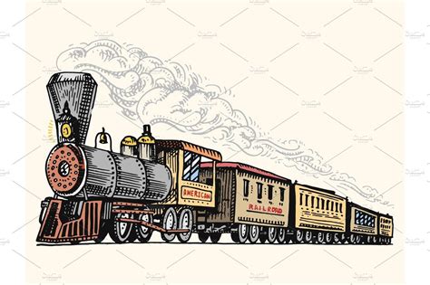 engraved vintage, hand drawn, old locomotive or train with steam on american railway. retro ...