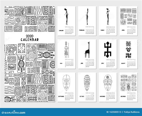 Calendar 2020. Hand Drawn Monthly Calendar with African Symbols and ...