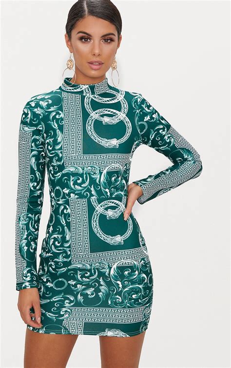 Emerald Green Long Sleeve High Neck Printed Backless Bodycon | PrettyLittleThing