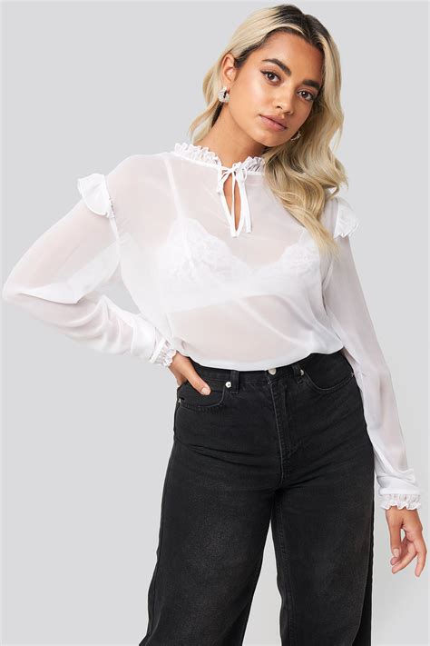 Sheer High Neck Frill Blouse White | na-kd.com