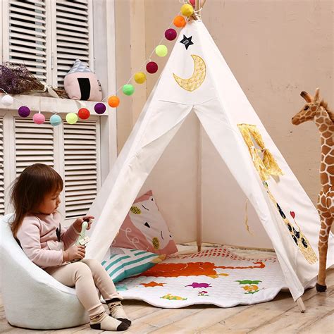 5 Poles Embroidery Baby Tent Canvas Teepee Play Room Game House For ...