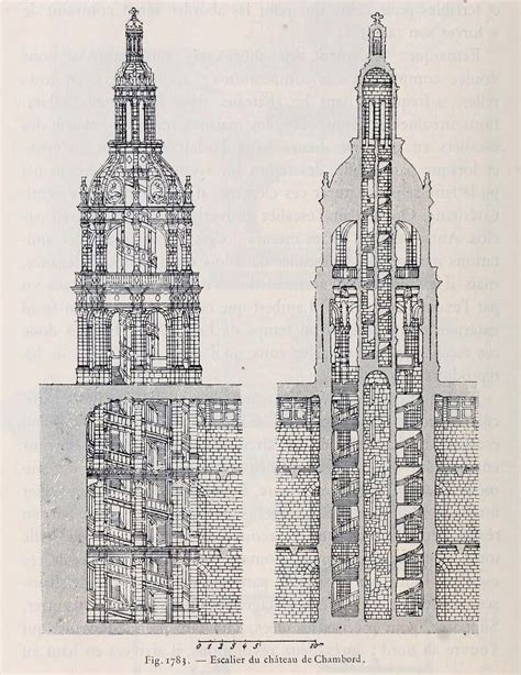 Section drawings of the central staircase, Château de Chambord Renaissance Architecture ...