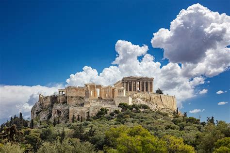 Premium Photo | Athens greece acropolis hill blue cloudy sky background