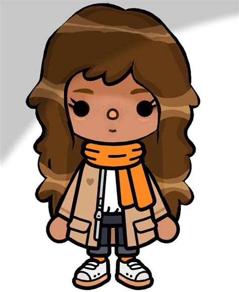 a cartoon girl with brown hair wearing an orange scarf