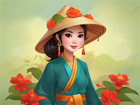 Vietnamese Traditional Girl Cartoon Background, Vietnamese Girl, Vietnamese Hat, Tradition ...