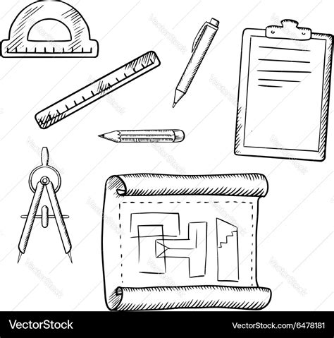 Architect drawing and tools sketches Royalty Free Vector