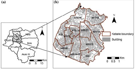 Study area. a Addis Ababa sub-city boundaries, b building and road ...