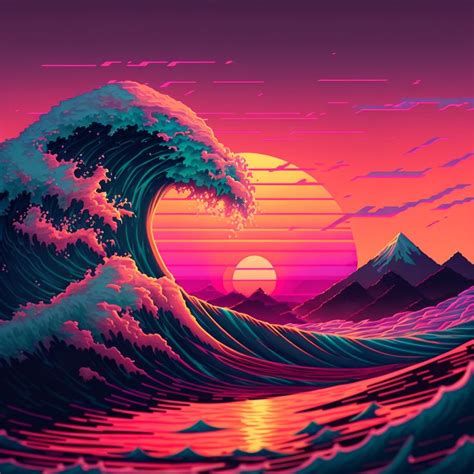 a painting of a wave in the ocean at sunset with mountains and clouds behind it