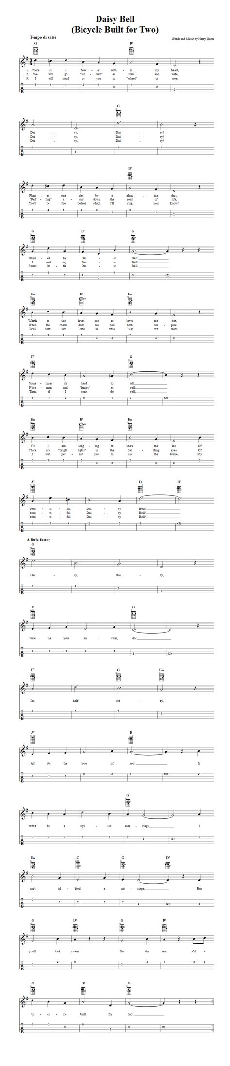 Daisy Bell: Chords, Sheet Music and Tab for Ukulele with Lyrics