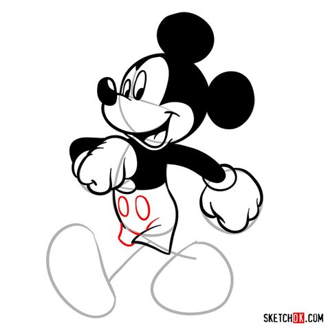 Draw walking Mickey in 18 steps - Sketchok easy drawing guides