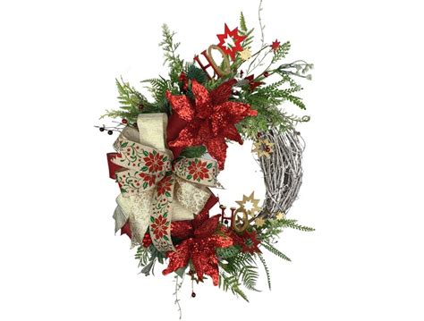 Poinsettia Wreath, Red Poinsettia Farmhouse Wreath, Traditional ...