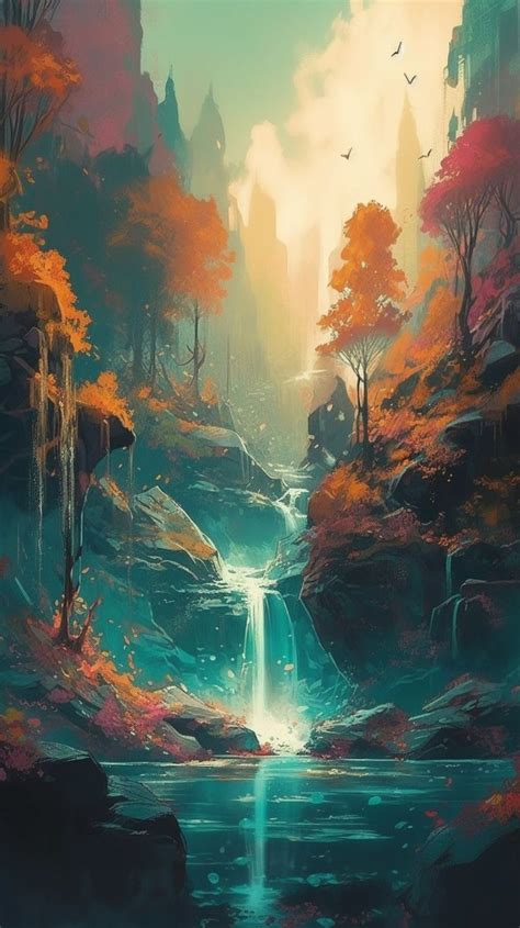 Enchanted Forest Waterfall Art Fantasy Landscape Digital Print Autumn ...