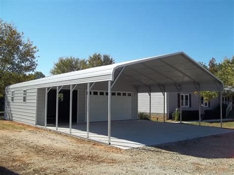 Pull up garage with door and carport unit | Carport sheds, Metal farm buildings, Carport with ...