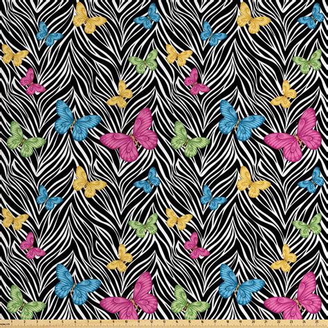 Zebra Print Fabric by The Yard, Colorful Butterflies on Zebra Abstract Print Summer Jungle ...