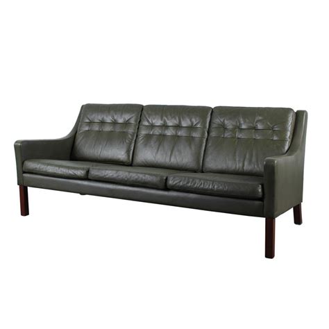 Danish Mid Century Modern Green Leather Sofa at 1stDibs