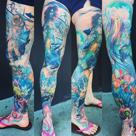 Aquatic female tattoo leg sleeve Ocean Theme Tattoos, Octopus Tattoo Sleeve, Mermaid Sleeve ...