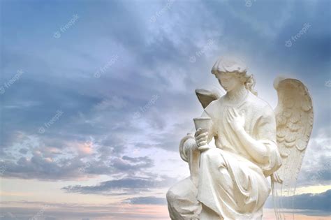 Premium Photo | White stone guardian wing angel on sky background