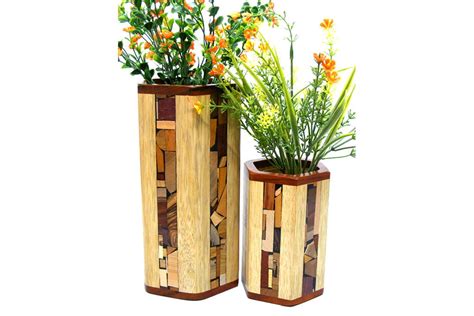 Mosaic Hex Vases w/ Glass Liner-Designer Wooden Flower Vase