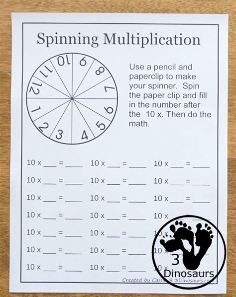 Free Spinning Multiplication Printable for Multiplication Math Facts | 3 Dinosaurs