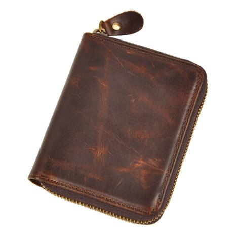 Mens' Zipper Genuine Tan Leather Wallet Male Cowhide Coin Purse Vintage ...