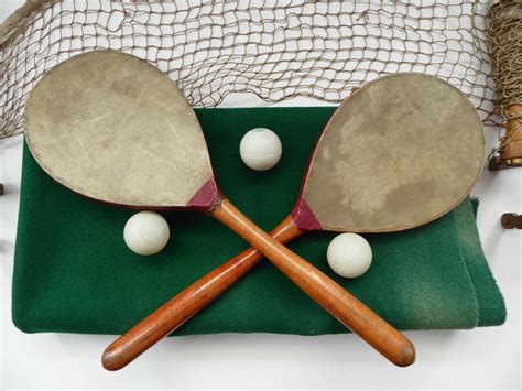 Rare ANTIQUE Edwardian Table Tennis Set. 2 Ping Pong Bats Wooden Handles Covered with Red ...