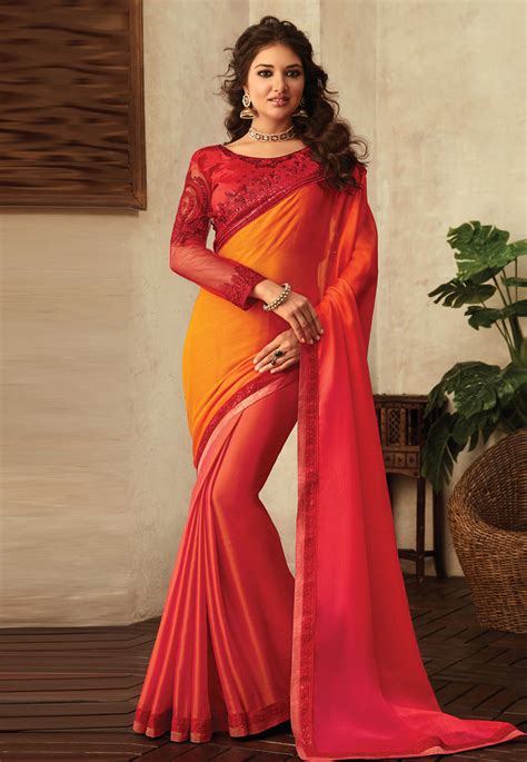 Orange chiffon festival wear saree V3903