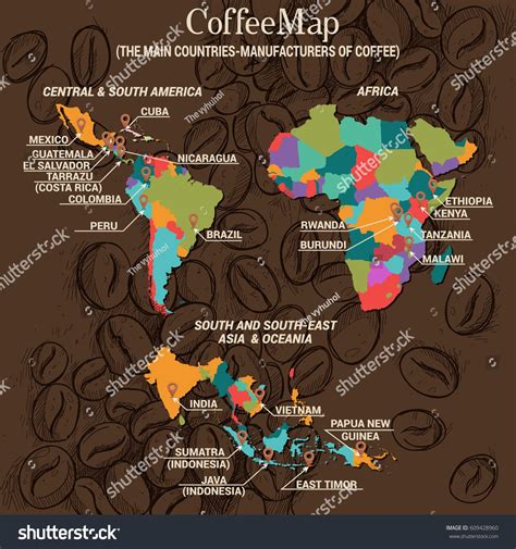 Coffee Map Main Countriesmanufacturers Coffee Central Stock Vector ...