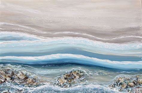 ORIGINAL Abstract Beach Painting Coastal Blue White Rocks Ocean Decor ...