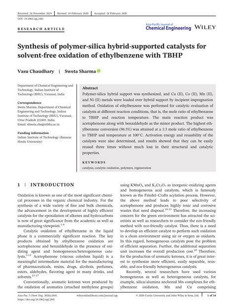 (PDF) Synthesis of polymer‐silica hybrid‐supported catalysts for solvent‐free oxidation of ...