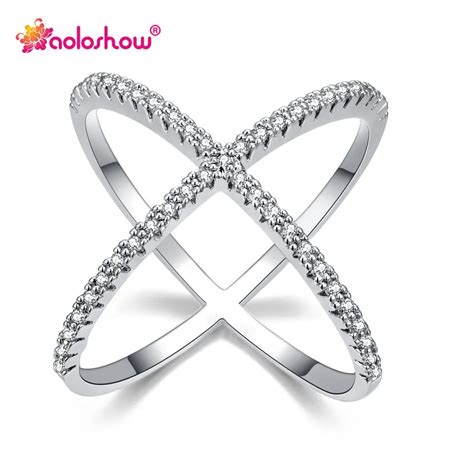 AOLOSHOW Silver Cross Rings for Women with Copper Cubic Zirconia Crystal Shaped X Ring Wedding ...