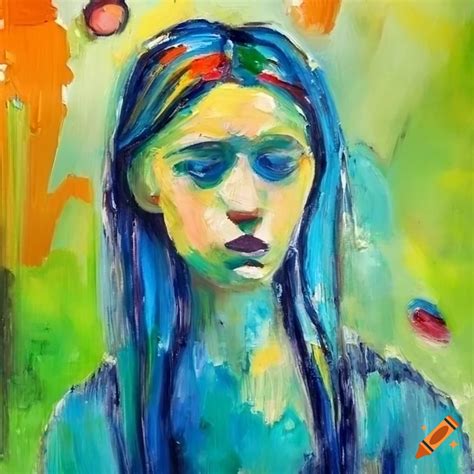 Oil painting of a sad girl in green and blue colors