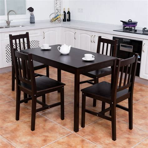 Costway 5PCS Solid Pine Wood Dining Set Table and 4 Chairs Home Kitchen Furniture Brown ...