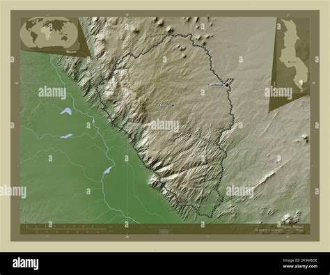 Thyolo, district of Malawi. Elevation map colored in wiki style with lakes and rivers. Locations ...