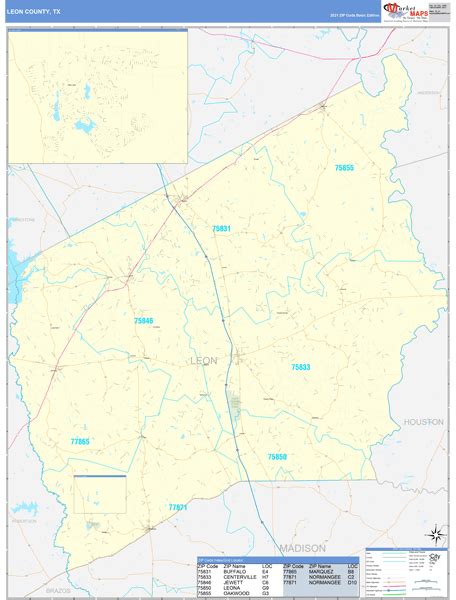 Leon County, TX Zip Code Wall Map Basic Style by MarketMAPS