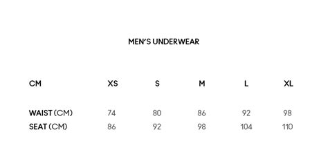 Underwear size chart