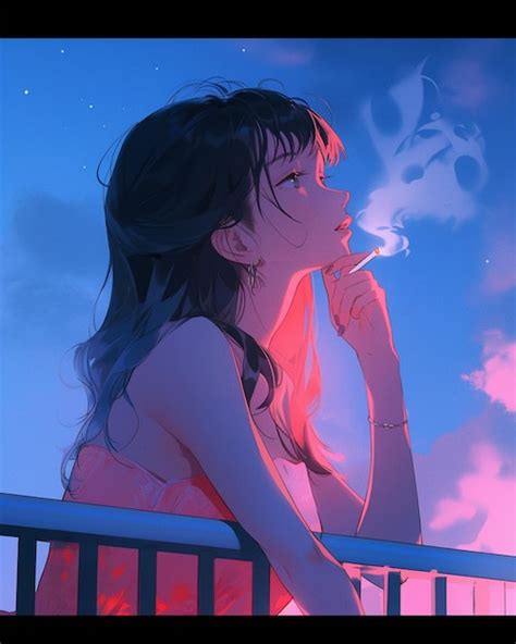 Premium Photo | Anime girl smoking a cigarette on a balcony with a sky background generative ai