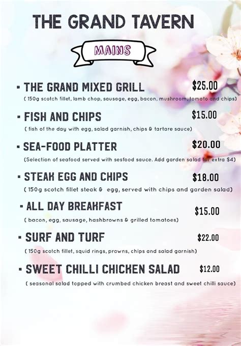 Menu at The Grand Tavern pub & bar, Te Aroha