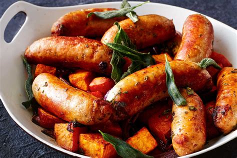 Sweet potato and maple pork sausage tray bake