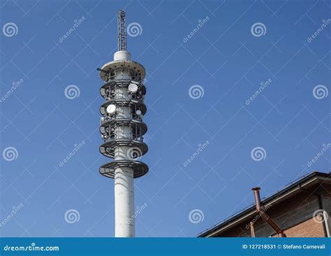 Broadcast Tower on Building .Antenna and System for Comunication Stock Image - Image of metal ...