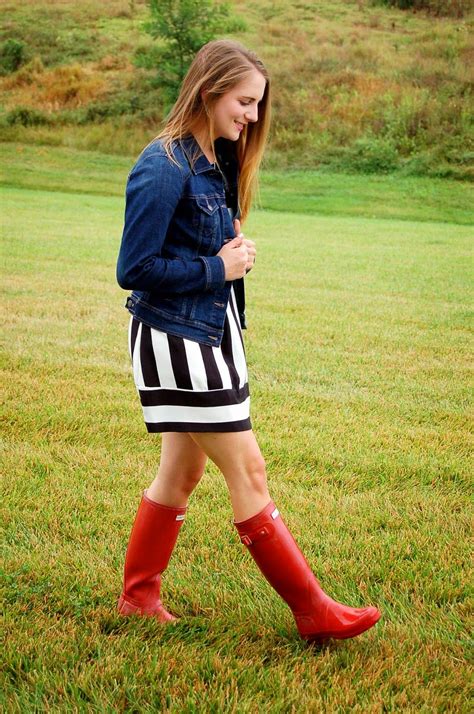 denim jacket, black and white striped dress, red hunters. rain ready style on a memory of us ...