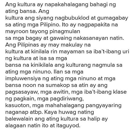 Ano Ang Kahalagahan Ng Kultura Sa Ating Mga Pilipino Brainly