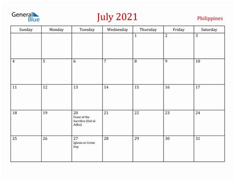 July 2021 Monthly Calendar with Philippines Holidays