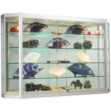 Wall-Mounted Silver Aluminum Glass Display Cabinet, Illuminated, Angled Front, Illuminated ...