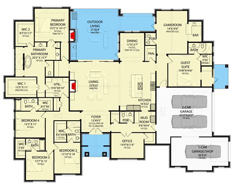 Plan 25427TF: New American Ranch Plan with Guest Suite and Office ...