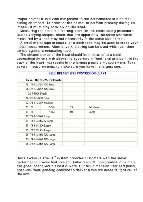 Bell Helmet Size Conversion Chart printable pdf download